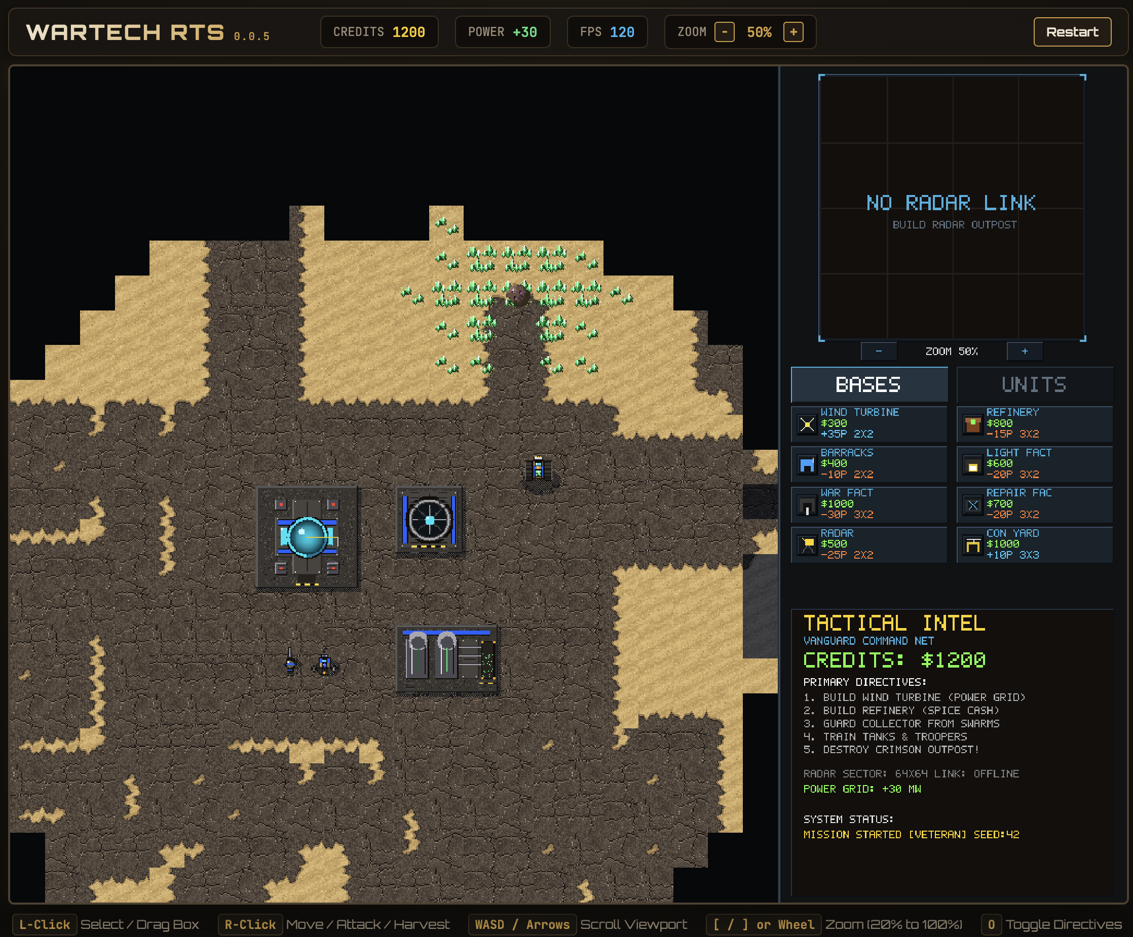 WarTech RTS gameplay screenshot showing base building and combat